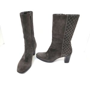 Aquatalia Grey Heeled Quilted Pattern Tall Boot Mid Calf Zip Size 8